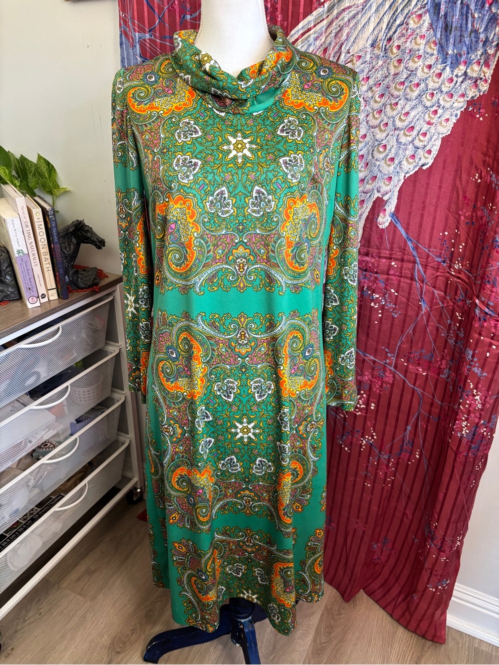 Vintage Green Paisley Long Sleeve Midi  Dress with Orange Accents